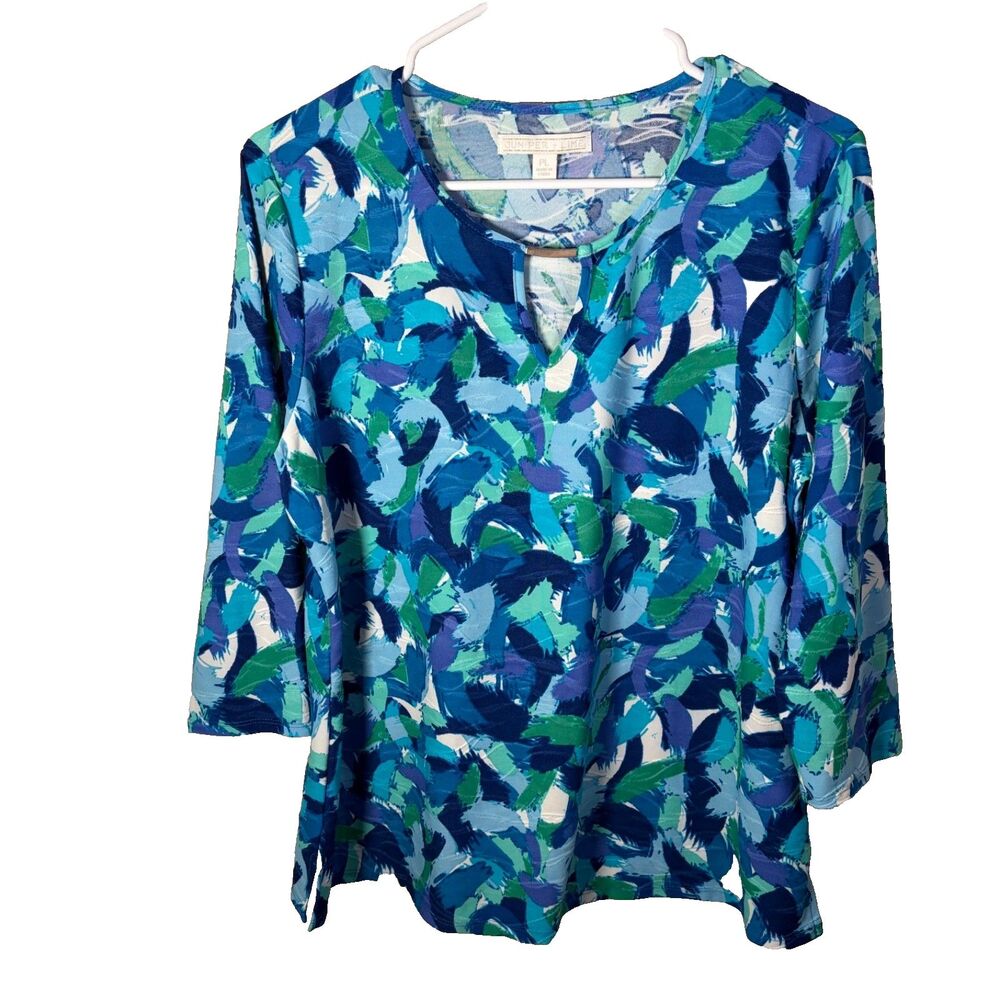Juniper + Lime Blouse Women's Petite Large Keyhole 3/4 Sleeve Printed Blue Top